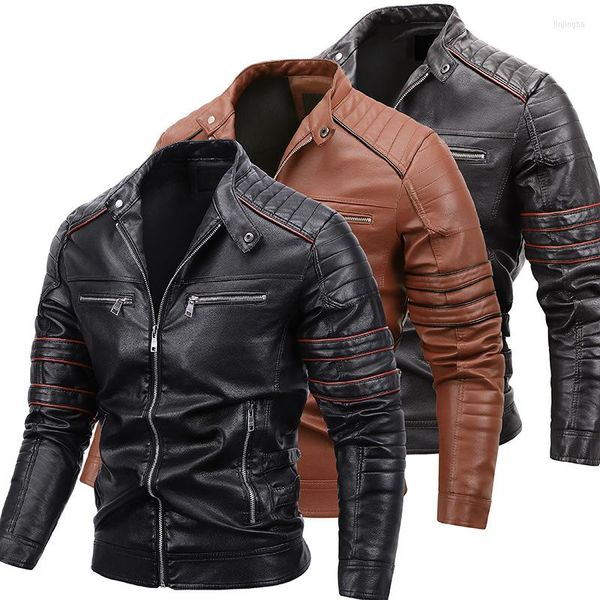 Мужские куртки 2023 Европейская и американская осенняя зимняя мужская мотоциклетная кожаная куртка плюш теплый PU
