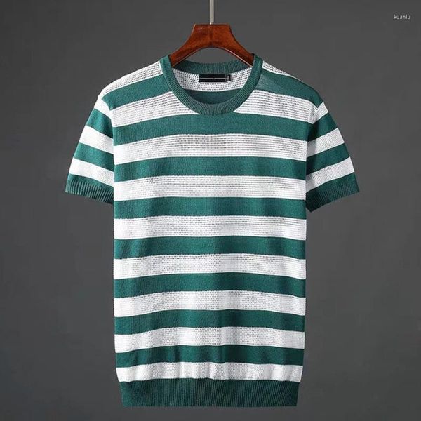 Herren-T-Shirts, 2023 Sommermode, kurzärmeliges T-Shirt, Herren-Eisseide-Streifen, Slim-Fit-Pullover, männlich, dünn, atmungsaktiv, Strickpullover