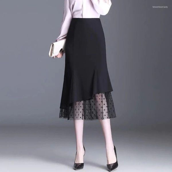 Юбки Женщина стиль моды с высокой талией на подкладке длинная плиссированная юбка Женская макси-нижняя дама средней длины бедра черное кружево G122