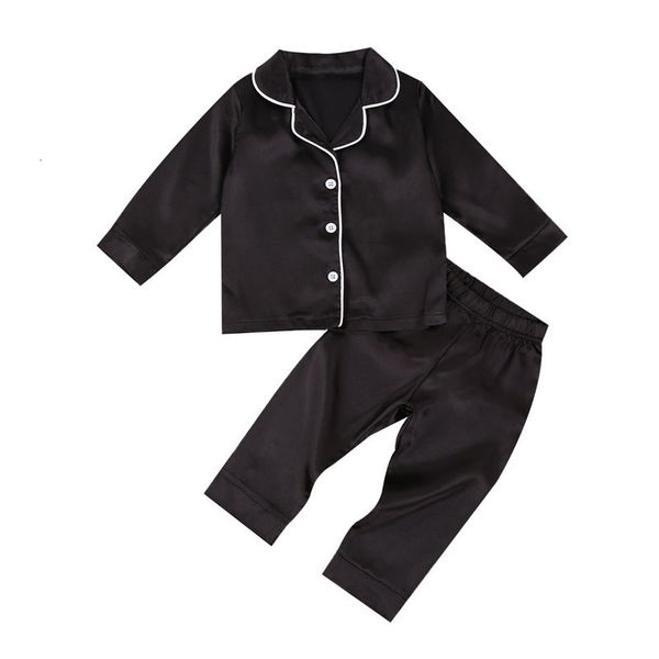 Pigiama Neonato Pigiama di seta in raso nero Set da notte Top manica lunga Pantaloni 17Y Bambino Bambini Estate Autunno Camicia da notte casual 230322