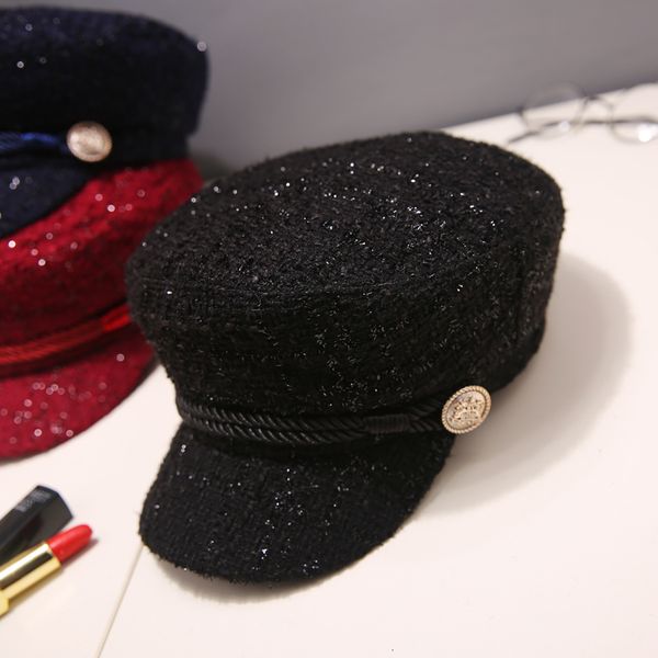 Top Caps Moda Düğmesi Tüvey Glitter Askeri Bere Şapkası Bahar Sonbahar Denizci S Kadınlar için Kadın Seyahat Öğrenci Kaptan Kaptan 230321