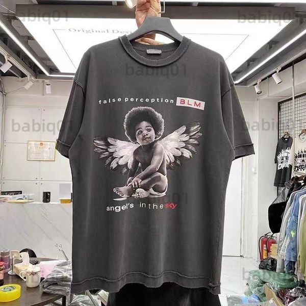 T-shirts masculina Black Angel Print Wash Wast-Sirt Man T230321