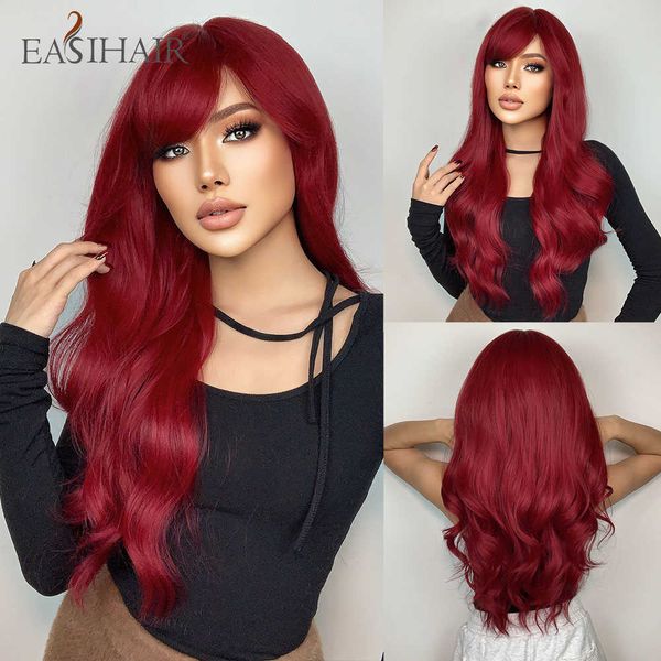 Sentetik peruklar easihair uzun dalgalı şarap kırmızı sentetik peruk kadınların ısıya dayanıklı doğal saçları kadınlar için patlama ile cosplay noel lolita 230227