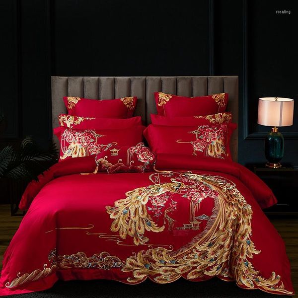 Bettwäsche-Sets Luxus Gold Phoenix Stickerei Rot Chinesische Hochzeit 100S Ägyptische Baumwolle Set Bettbezug Bettlaken Tagesdecke Kissenbezug