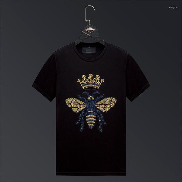 T-shirt da uomo 2023 Strass luminosi Crown Bee Uomo Manica corta Abbigliamento moda Streetwear O Collo Modal Cotton Calaveras Camiseta