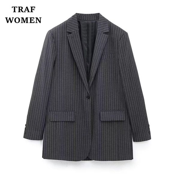 Giacche da donna TRAF cappotti 2023 in giacca da ufficio gessata giacca bavero manica lunga tasca bottone classica donna s Joker Mujer 230321