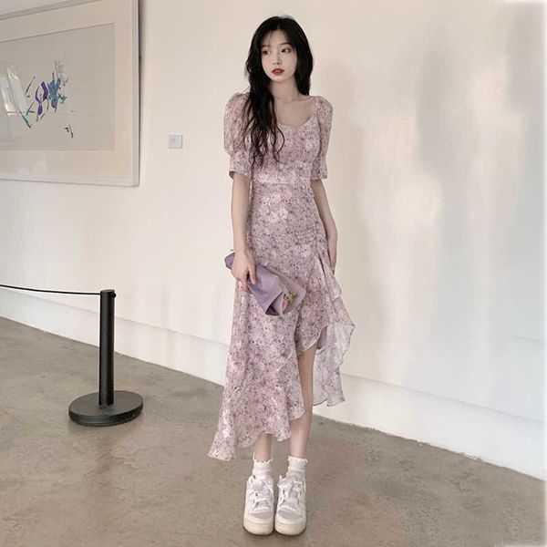 Abiti casual Elegante abito da donna manica corta Fiore viola Casual Vintage Office Lady New Korean Fashion Girls Fairy Summer Midi Dress 2022 G230322