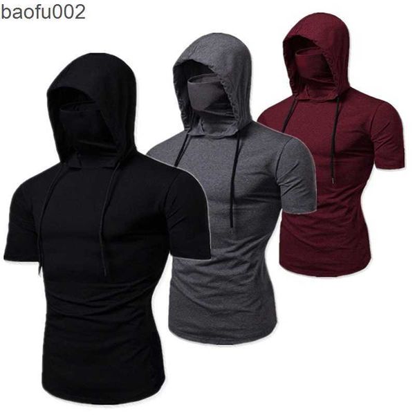 Herren T-Shirts Neues Kapuzen-T-Shirt Männer Modestil Persönlichkeit Stretch Freizeit Sporthemd Ninja-Anzug Kurzarm-T-Shirt Maskenanzug Tops W0322