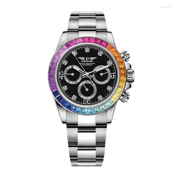 Armbanduhren PINDU Herren-Automatikuhr, 40 mm, Luxusuhren, mechanische Armbanduhr, leuchtend, wasserdicht, Dreifachfenster, Wochendatum, Chronograph