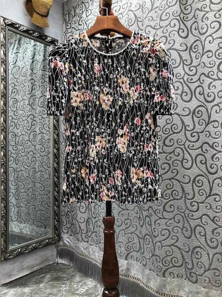 Женские блузки 2023 Женские моды с коротким рукавом Сексуальная повседневная прозрачная вышитая верхняя рубашка