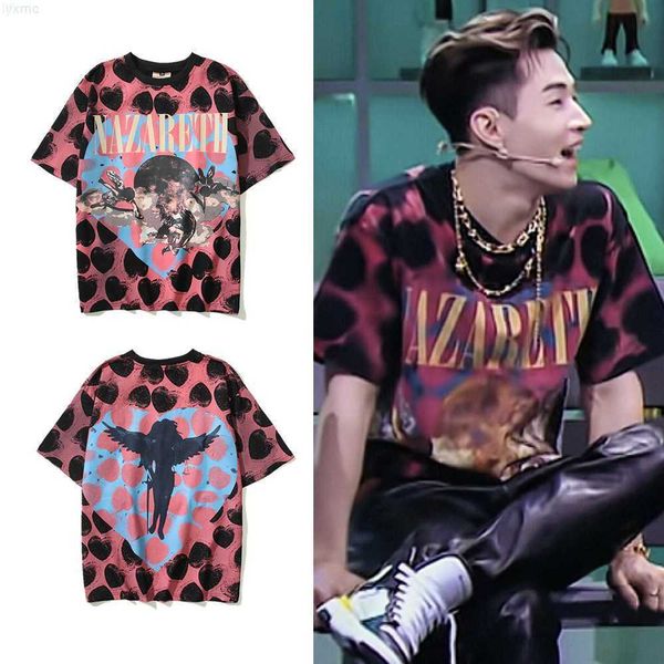 Camisetas masculinas Liu Xianhua's Same Saint Full Print Box Vintage Tee Loose Couple T-shirt de manga curta e meia feminina Fashion6LAJ