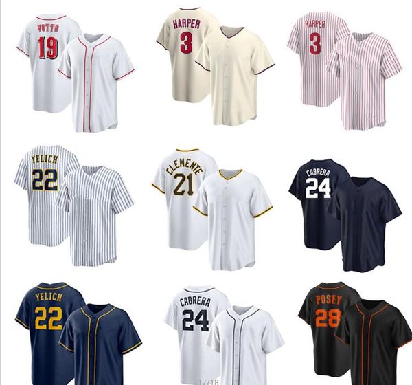 2023 camisas de beisebol 2 Jeter 22 Yelich 3 Harper 19 Votto 21 Clemente 22 Yelich 24 Cabrera 28 Posey 99 Juiz Yakuda Local Online Store Fashion Cool Base Jersey Desconto