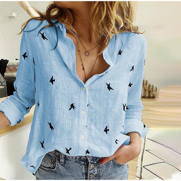 Blouses feminina Birds Prind Camisetas 35% Algodão de manga longa Tops fêmeas 2023 Primavera verão Casual casual, senhoras de escritório casual, camisa