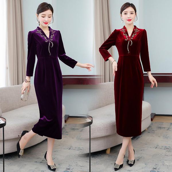 Abiti casual COIGARSAM Abito donna Autunno 2023 Office Lady National Wind Manica a tre quarti con scollo a V Viola Vino Rosso Nero