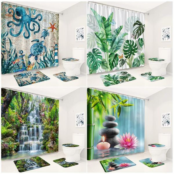 Cortinas de chuveiro paisagismo conjunto de cortinas de conjunto de plantas folhas cachoeira de bambu Octopus decoração de banheiro marinho de tartaruga marinha tampa do banheiro não deslizamento tampa do banheiro 230322