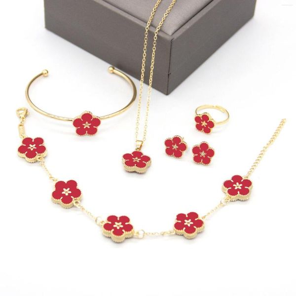 Halskette Ohrringe Set Pflaume Bossom Für Frauen Gold Farbe Multi-Blumen Design Charme Klee Neckalce Ring Ohrring Schmuck