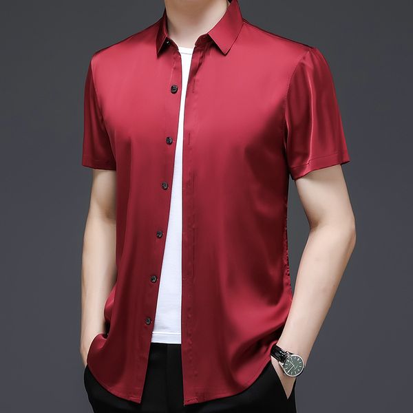 Camisas casuais masculinas Camisa de seda de seda de verão Roupas de poppel machos de manga curta macho causal coloração sólida camisas de seda 230322