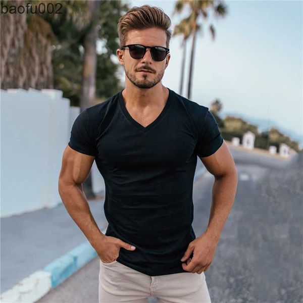 T-shirt da uomo T-shirt da palestra Uomo Moda scollo a V T-shirt in cotone a maniche corte T-shirt sportiva aderente Bodybuilding Fitness Allenamento Abbigliamento estivo W0322