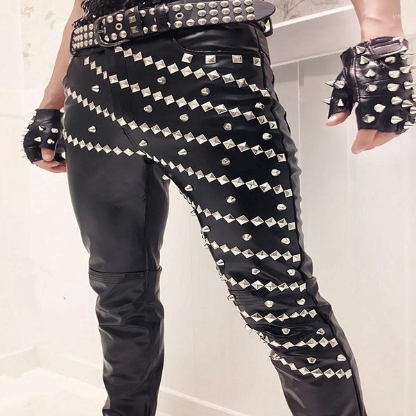 Calça masculina rebite de couro legal motobike homem moda moda chique yuppie show figurmhes punk calças