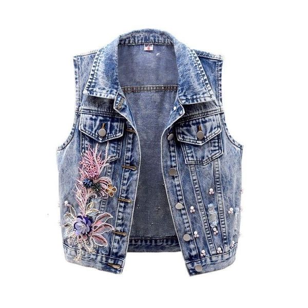 Gilet da donna Moda Gilet di jeans Donna Primavera Autunno Patch Fiori Paillettes Perline Gilet senza maniche Studente Top Jean Giacche corte 230322