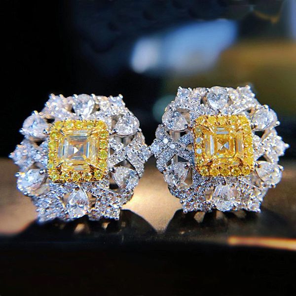 Orecchini a bottone Design chic Cristallo giallo Pietre preziose Citrino Diamanti Fiore per le donne Regali di gioielli in oro bianco argento colore
