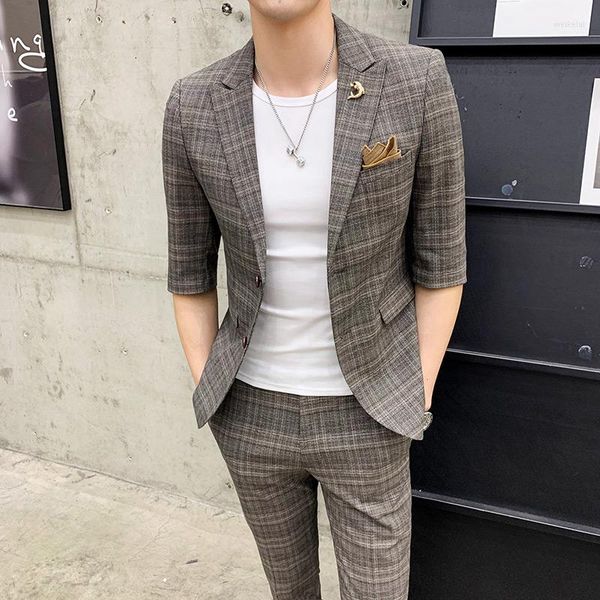 Abiti da uomo Parrucchiere Set Plaid estivo da uomo Manica a sette punte Abito piccolo casual Versione coreana della marea Slim in due pezzi (parte superiore P