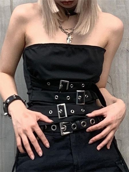 Canotte da donna 2023 Corsetto con fibbia gotica con occhielli Top nero Goth Techwear senza spalline in stile punk Canotte da donna Dark Academic Streetwear Canotta