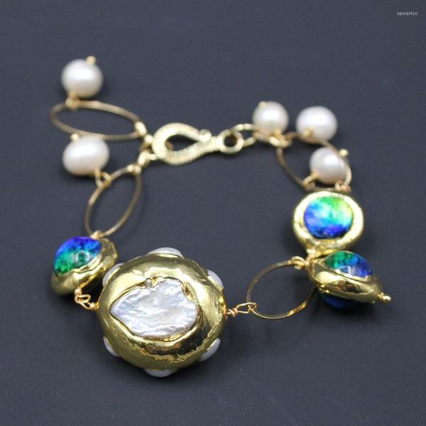 Strand White White White Keshi Pearl Blue Murano Glass Bracelet 8 