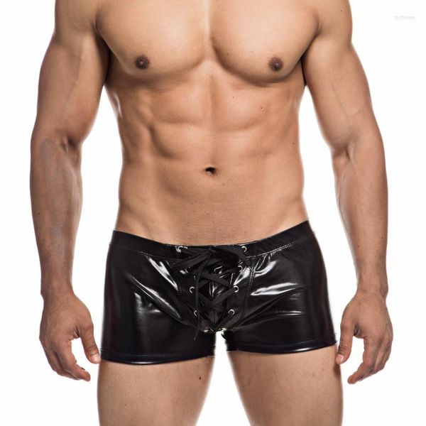 Mutande Boxer da uomo in pelle verniciata con lacci Intimo finto Mutandine da uomo sexy Pantaloncini da casa Lingerie Abbigliamento da club gay