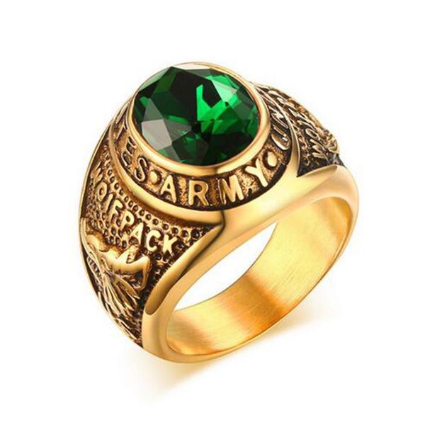 Cluster Ringe Männer Qualität Grüner Stein Ring Vintage Gold-Farbe Edelstahl Armee Für Jungen