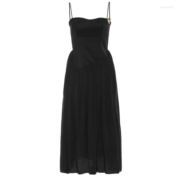 Abiti casual Elegante abito da ballo da donna Nero senza maniche Tunica bianca a vita alta Estate Cinturino per spaghetti Slip Midi