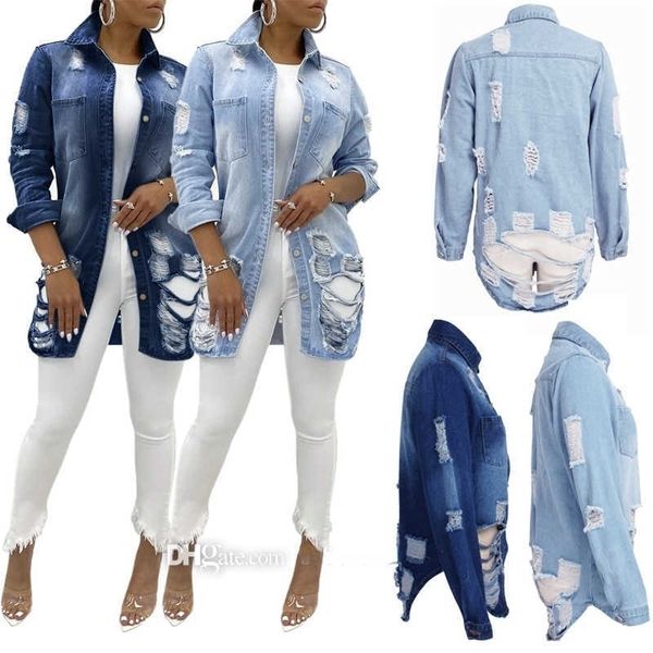 Mode Frauen Jeans Jacken Designer 2023 Frühling Herbst Langarm Loch Denim Mantel Weibliche Casual Plus Größe 3XL Kleidung