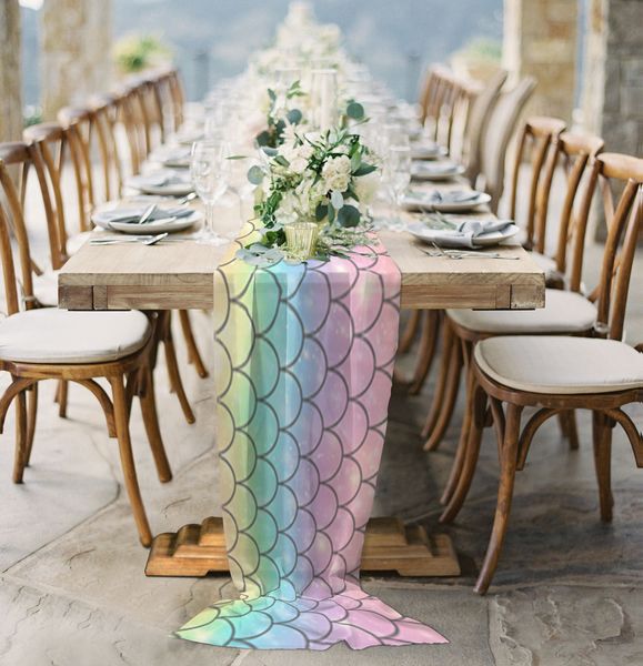 Runner de mesa Mermaid Scales Ocean Rainbow Pure Chiffon Table Runner Country Wedding Birthday Birthday Tulle Voile Tail Tail Decoration 230322