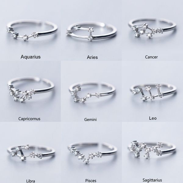 Anelli con segni zodiacali costellazioni intarsiati con zirconi cubici per regali di gioielli con anelli regolabili in colore argento semplice
