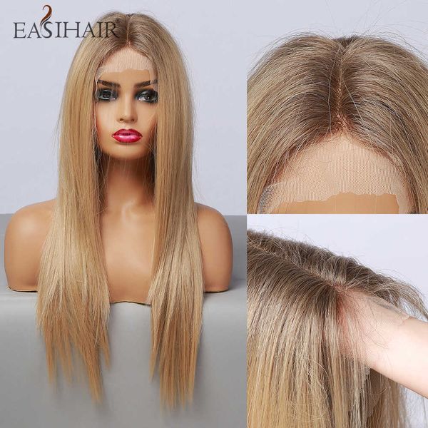 Synthetische Perücken Easihair Lace-Front-Perücken, lang, glatt, braun, blond, mit Babyhaar, hohe Dichte, hitzebeständig, synthetisch, für Frauen, Afro, 230227