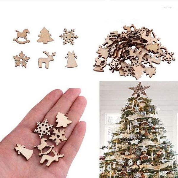 Weihnachtsdekorationen, 100 Stück, natürliches Holz, DIY für Baum, Zuhause, hängende Ornamente, Anhänger, Geschenke, Schneeflocken, Tischdekoration, Flaschendekoration