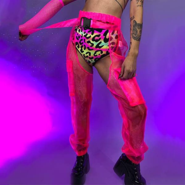 Pantaloni da donna Sexy Ghette lunghe Elastico a vita alta Fibbie Jogger Cavallo in rete trasparente Streetwear Abbigliamento Y2k per ragazze 230322