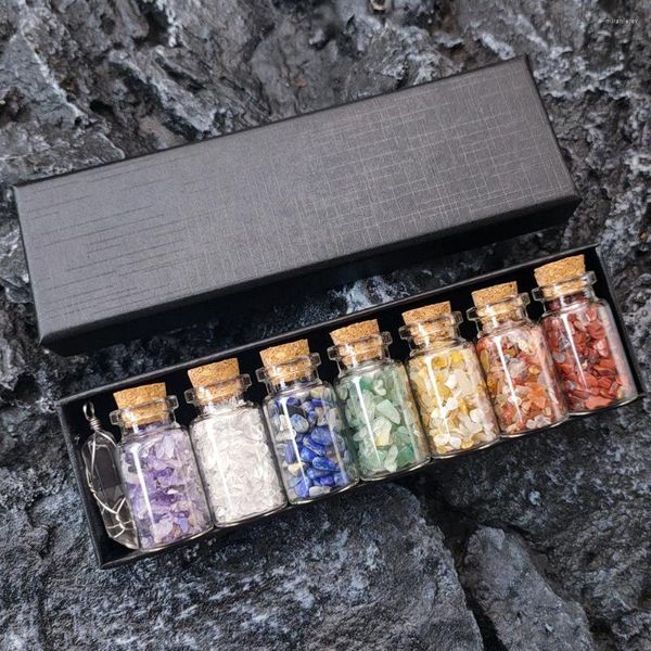 Anhänger Halsketten sieben Chakra Bunte Kristallkies Wunschflasche Set Geschenkbox Natursteine ​​Pendent Yoga Medition Mineralhandwerk