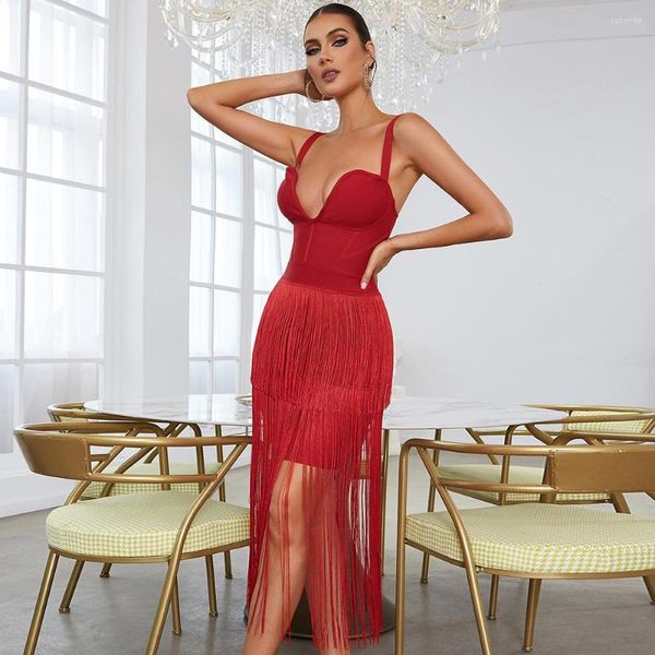 Sıradan Elbiseler 2023 Kırmızı Rayon Bandaj Kadınlar Kolsuz Seksi V Yastık Bodycon Tassel Orta Salf Elbise Düğün Deniz Kızı Moda Kıyafetini Kutlamak