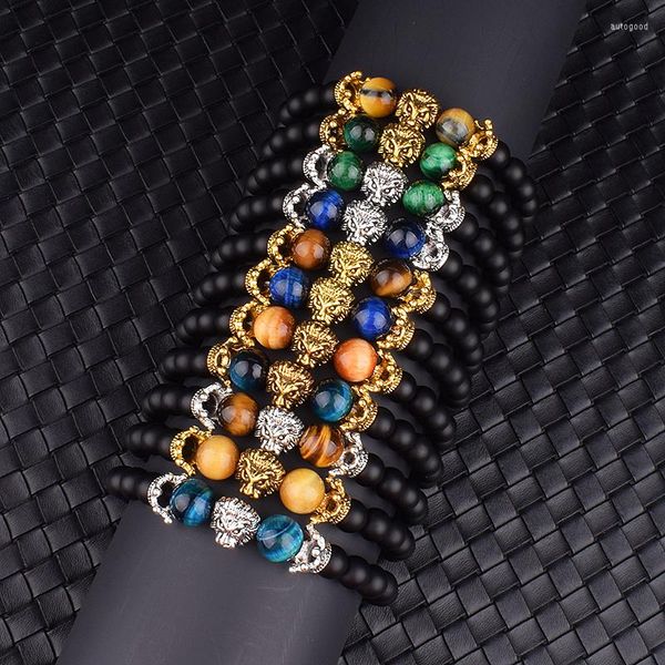 Strand Classic Crown Lion Bracelet Men Yellow Sun Lake Tiger Eye Onyx Stone Charme Artigo para Mulheres Jóias Pulsera Hombre