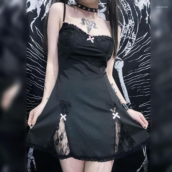 Lässige Kleider E-Girl Gothic Dark Academia Minikleid Y2K Ästhetische Kawaii Schleife Spitze gepatcht Schwarz Harajuku Grunge Mall Goth Kleidung