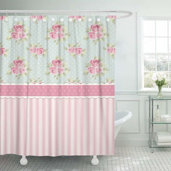 Tende da Doccia Colorate Simpatiche Rose Shabby Chic e Pois Tenda da Doccia Tessuto in Poliestere Impermeabile 72 x 78 Pollici con Ganci 230322