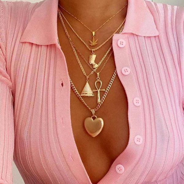 Anhänger Halsketten 5 Stück Halskette Metallblätter Ägyptischer Pharao Pyramide Herz für Frauen