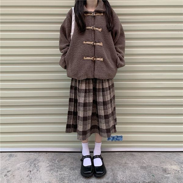 Юбки Houzhou Winter Vintage Плиссируемая плитящая юбка миди-женщины Японские каваи с высокой талией шерстяной шерсти коричневые длинные юбки школьники 230322