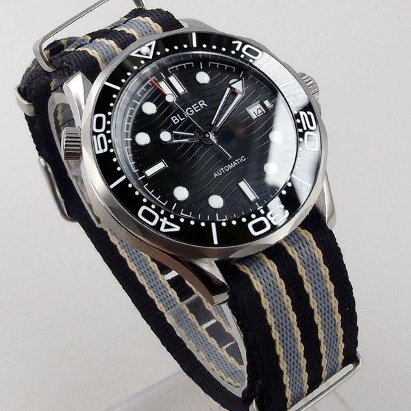 Relógios de punho de 41mm de assistência masculina automática miyota8215/nh35a/pt5000 safira de vidro de vidro de vidro preto Data automática Data de nylon strap