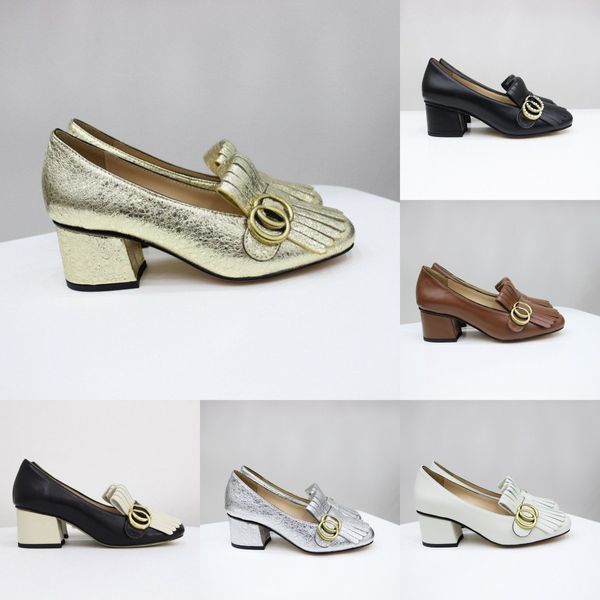 Marmont Designer Sandálias Salto Alto Dourado Chunky Pumps Sapatos Salto Quadrado Mocassins Slides Fivela de Metal Sandália Vintage Sapato Vestido de Verão