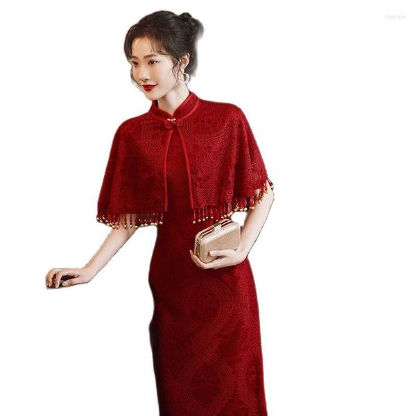 Ethnische Kleidung 2023 Red Cheongsam Set mit Schal chinesische traditionelle Hochzeitsbrautkleid weibliche Party Qipao formeller Abend