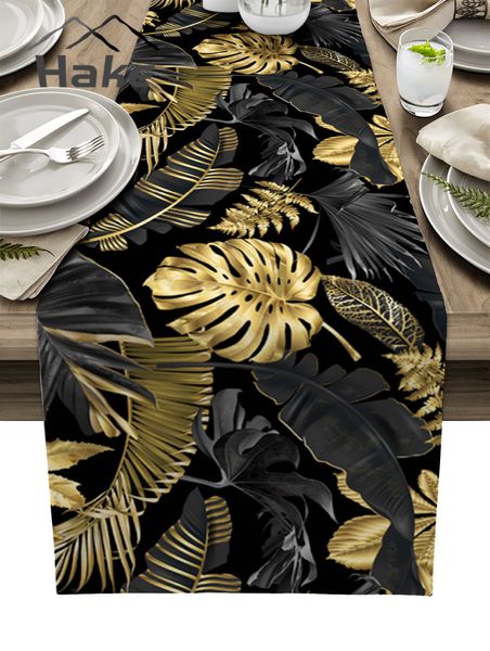 Runner da tavolo Foglie d'oro Sfondo nero Runner da tavolo per tavolo da pranzo Decorazione di nozze Tovaglia Home Party Decor Table Cover 230322