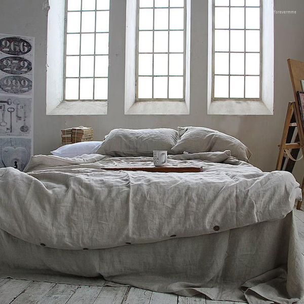 Bettwäsche-Sets, französisches Leinen-Set, 4-teilig, mit flachem Bettlaken, Bettbezug und Kissenbezug, Natur-Steppdecke aus reinem Flachs in Natur
