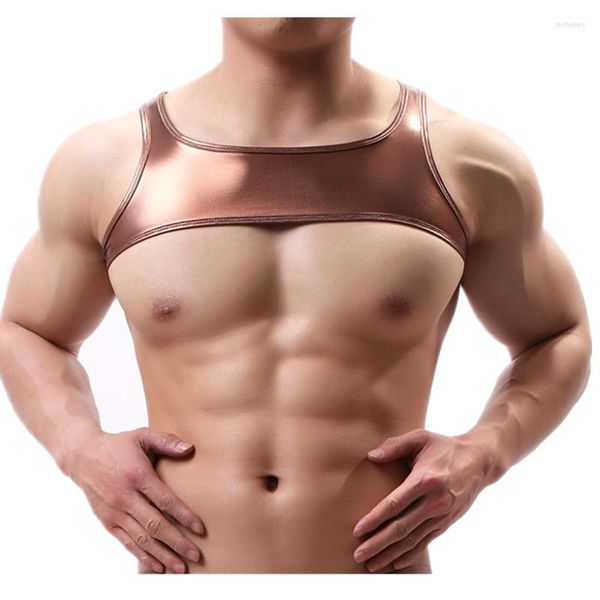 Unterhemden Herren Bodysuit PU-Leder Schultergurt Crop Top Starker Muskel Brustgurt Bühnentanz Clubwear Gay Exotic Men Tank Tops